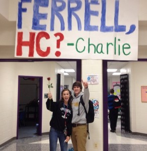   As junior Ferrell McGinnis was walking down the school hallway, she noticed a huge banner that read, “Ferrell, HC? -Charlie.” Junior Charlie Curtis was standing next to the banner with a rose and had just asked McGinnis to Homecoming. “I think it was really cute, it was very eye catching too,” said McGinnis. 