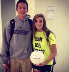   Using freshman Kylie Thomas’s favorite sport, sophomore Danny Cox wrote “Kylie, Homecoming?” on a volleyball. Right after school, Cox presented it to her before the volleyball match against Loudoun County. “I was so nervous as to if Kylie would say yes or no, I was really excited she said yes, everybody who was around us was cheering,” said Cox.