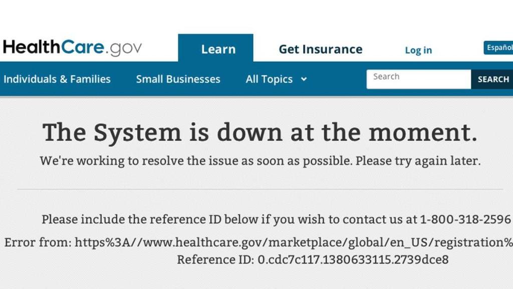 A screenshot of an error message on the Affordable Care Act Registration page.  Many users have encountered this page in their struggles to navigate the faulty website.