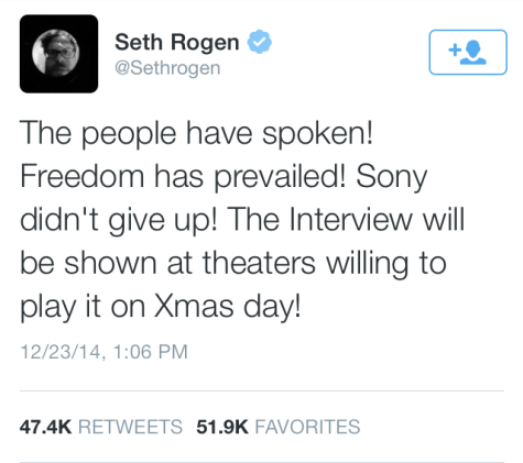 The stars of the movie, James Franco and Seth Rogen tweeted out their happiness when their movie was allowed to be featured on Christmas Day. 