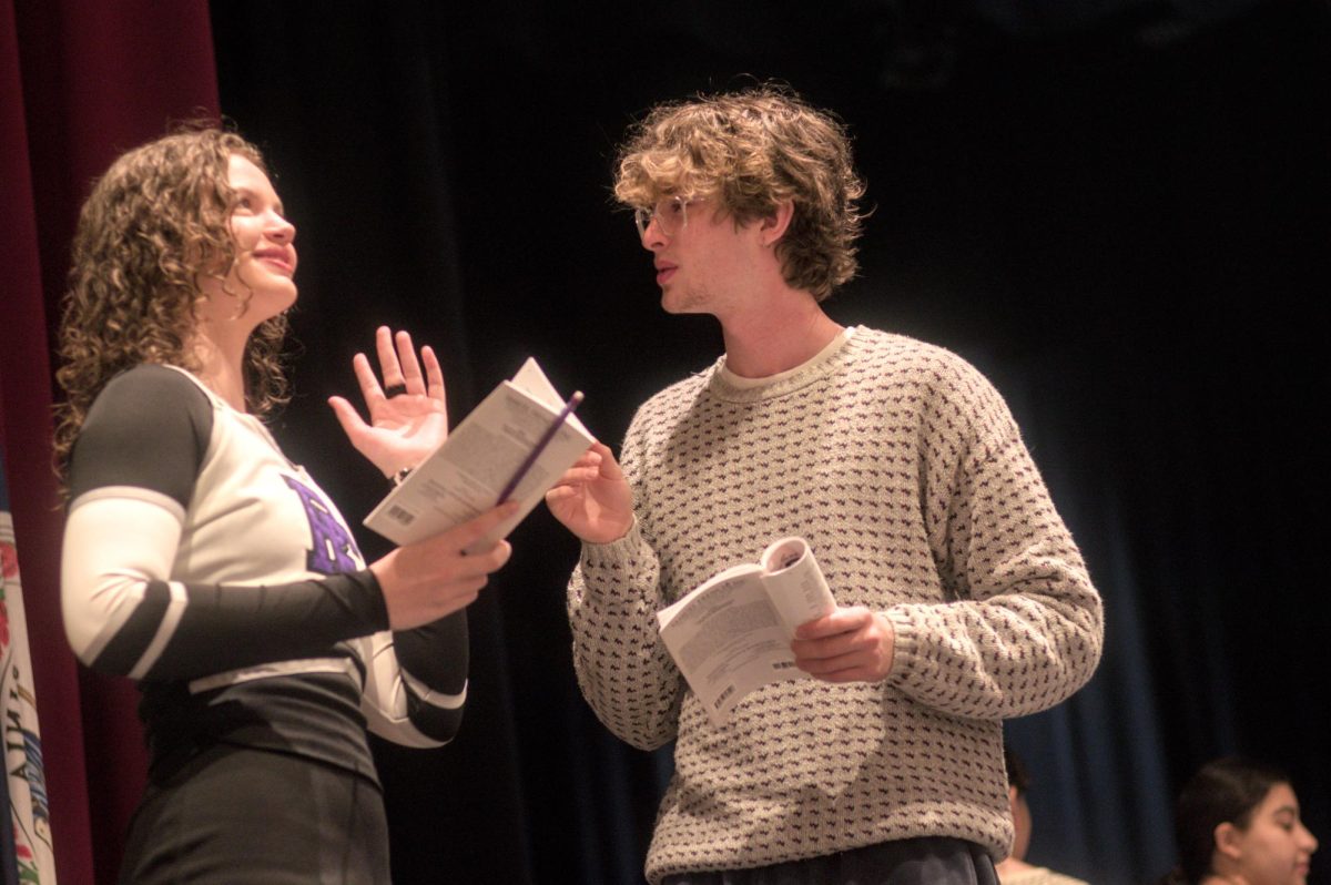 Seniors Nicole Babb and Owen Cook rehearsing for the fall play "Emma."